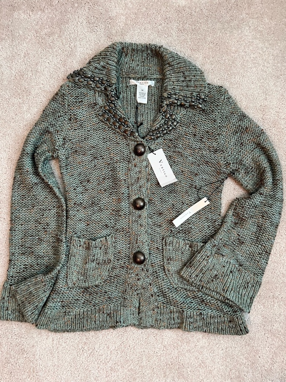 Vertigo Paris Teal and Brown Marled Button Cardigan